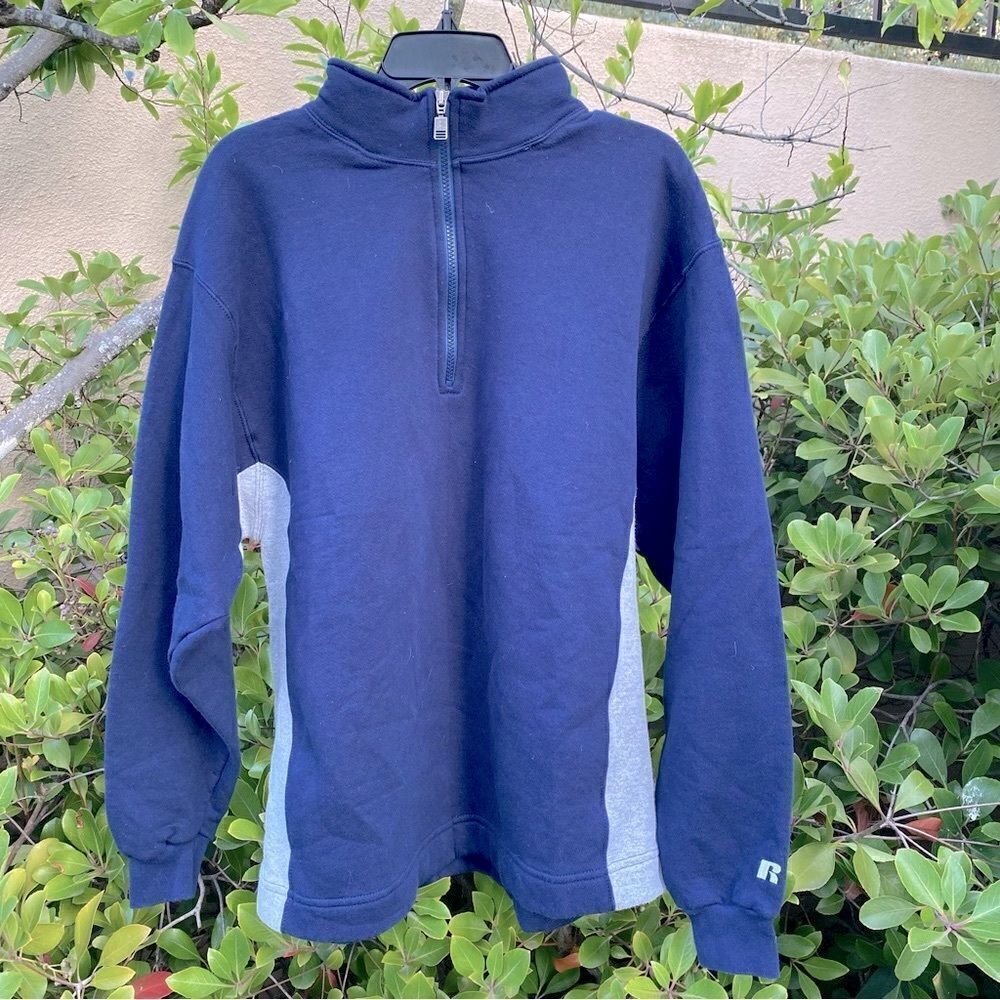 🧥Russell Athletic Blue & Gray Dri-Power Quarter Zip Sweatshirt Size M EUC